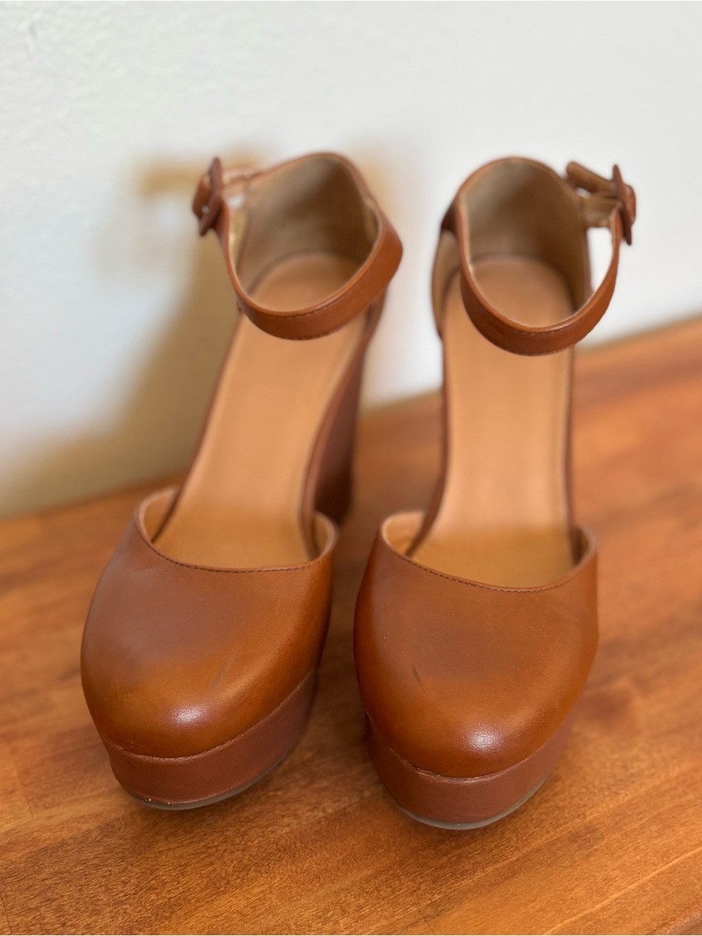 Urban Outfitters Cognac Platform Closed-Toe Ankle Strap Heels